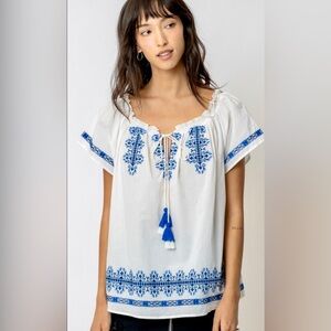 Abaja White & Blue Embroidered Peasant Shirt Top
